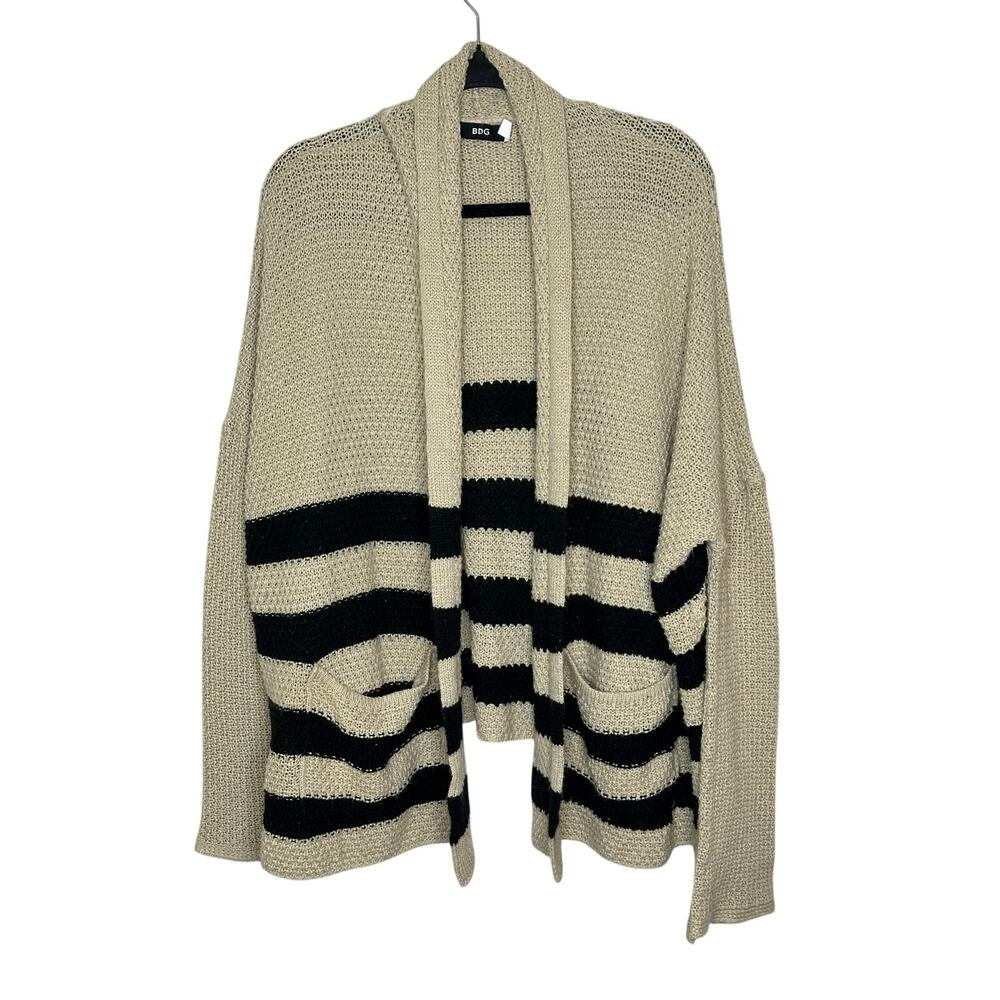 BDG Urban Outfitters Long Cream Black Striped Cardigan Sweater Pockets Womens S